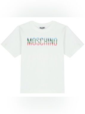 Moschino Kids White Tee with Multicolor Floral Logo with Beads